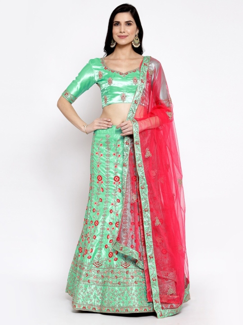 

Satrani Sea Green & Red Embroidered Semi-Stitched Lehenga & Blouse With Dupatta