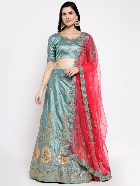 

Satrani Green & Red Embroidered Beads and Stones Semi-Stitched Lehenga & Blouse With Dupatta