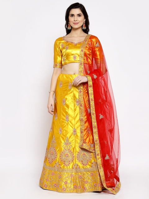 

Satrani Yellow & Red Embroidered Semi-Stitched Lehenga & Blouse With Dupatta