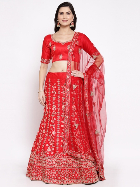 

Satrani Red Embroidered Semi-Stitched Lehenga & Blouse With Dupatta
