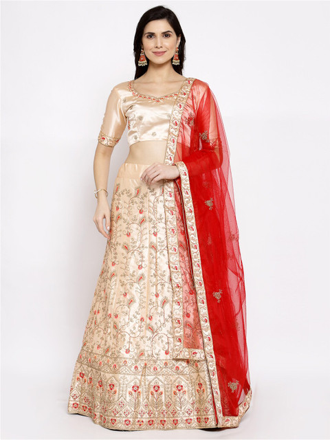 

Satrani Peach-Coloured & Red Embroidered Semi-Stitched Lehenga & Blouse With Dupatta