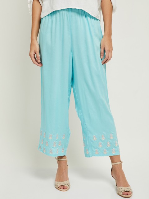 

max Women Blue Ethnic Motifs Embroidered Straight Fit Parallel Trousers