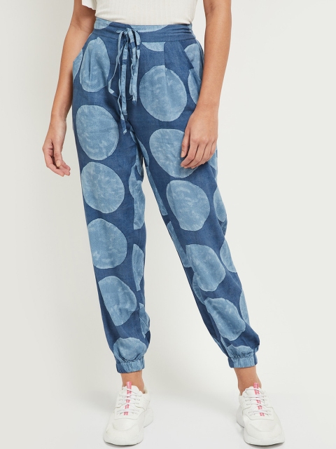 

max Women Blue Tie and Dye Printed Pleated Joggers Trousers