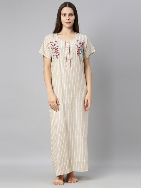 

GOLDSTROMS Women Off White & Red Striped Pure Cotton Nightdress