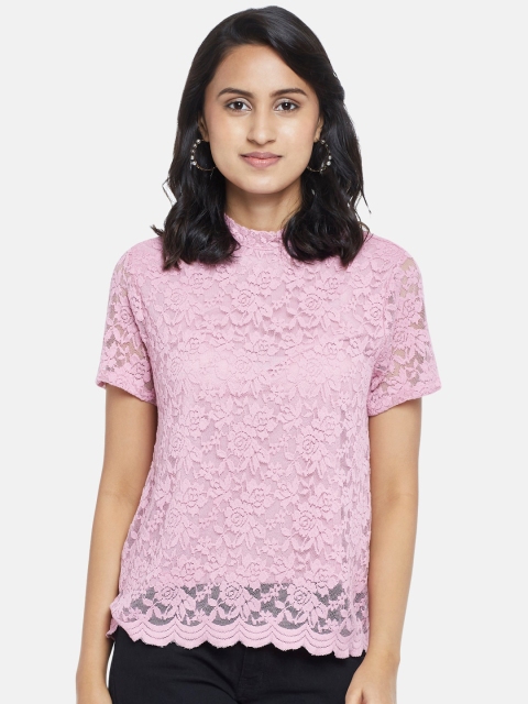 

People Women Pink Lace Regular Top