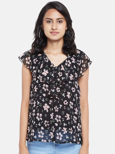 

People Women Black Floral Printed Ruffled Regular Top