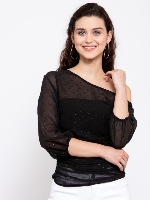 

iki chic Black Women One Shoulder Georgette Regular Top