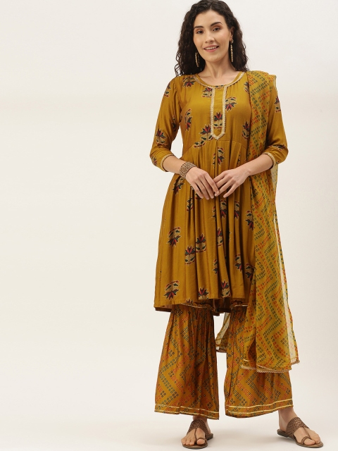 

VAABA Women Mustard Yellow & Navy Blue Ethnic Motifs Print Kurta with Sharara & Dupatta