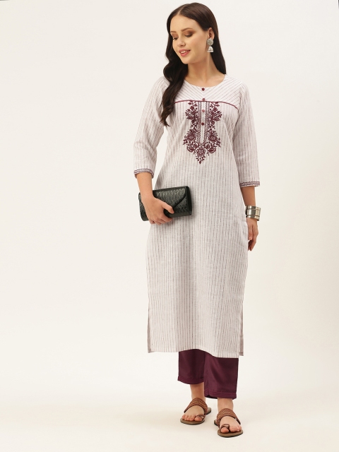 

VAABA Women White & Burgundy Striped Embrpidered Kurta with Solid Trousers