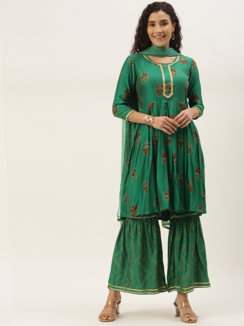 

VAABA Women Green & Maroon Ethnic Motifs Print Pleated Kurta with Sharara & Dupatta