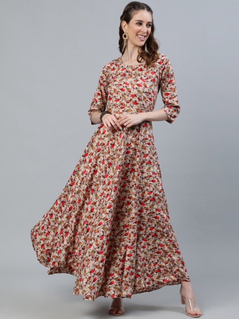 

AASI - HOUSE OF NAYO Beige & Red Floral Crepe Maxi Dress