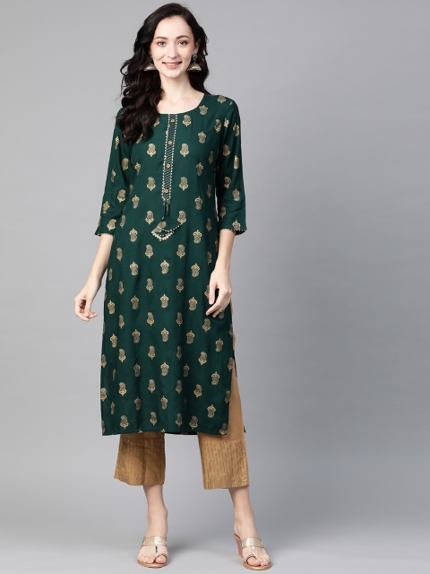 

PIROH Women Green & Golden Paisley Print Gotta Patti Straight Kurta