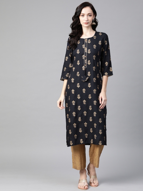 

PIROH Women Navy Blue & Golden Paisley Print Gotta Patti Straight Kurta