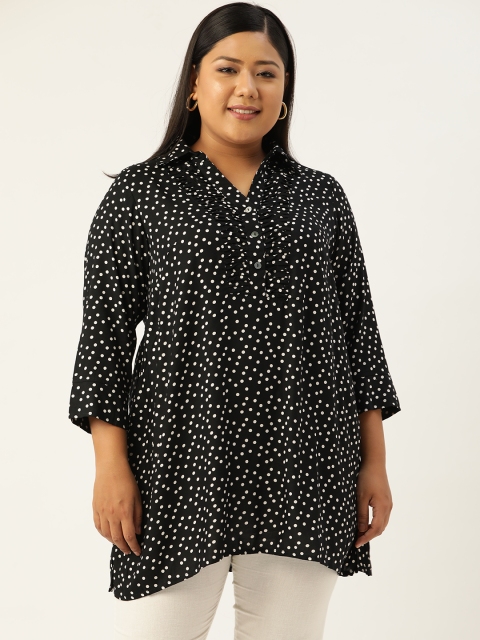 

Revolution Black & White Viscose Rayon Shirt Collar Printed Tunic