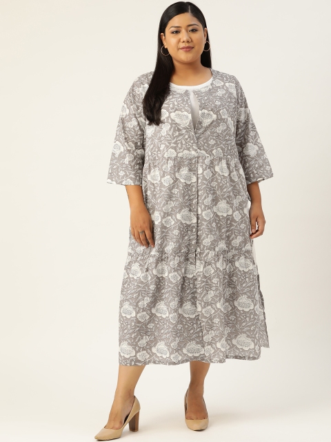

Revolution Grey & White Floral Cotton Layered Ethnic A-Line Midi Dress