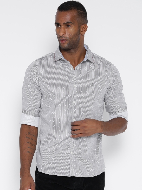 

United Colors of Benetton Men White & Grey Striped Casual Shirt