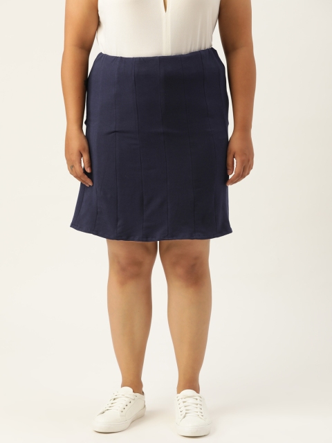 

Revolution Plus Size Women Navy Blue Solid Pleated Straight Skirt