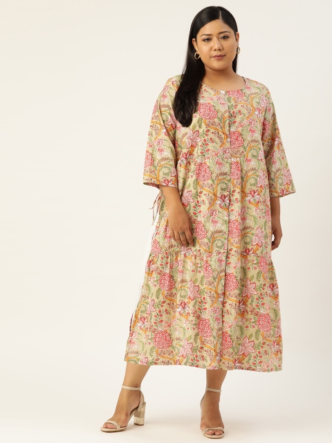 

Revolution Green & Pink Floral Cotton Layered A-Line Midi Dress