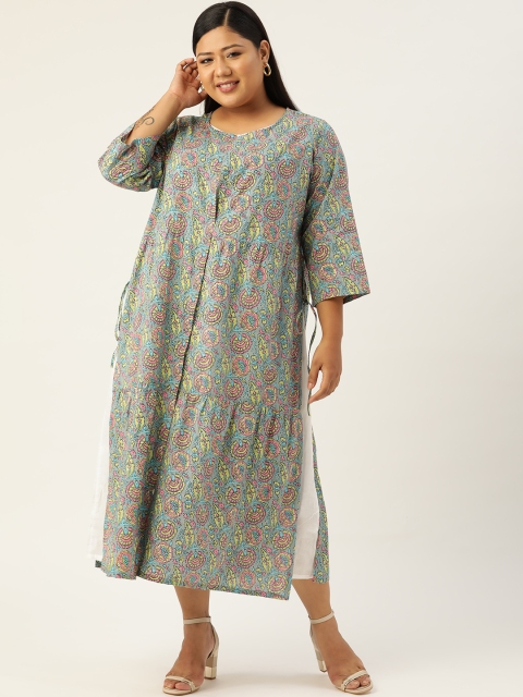 

Revolution Grey & Pink Cotton Ethnic Motifs Layered Ethnic A-Line Midi Dress