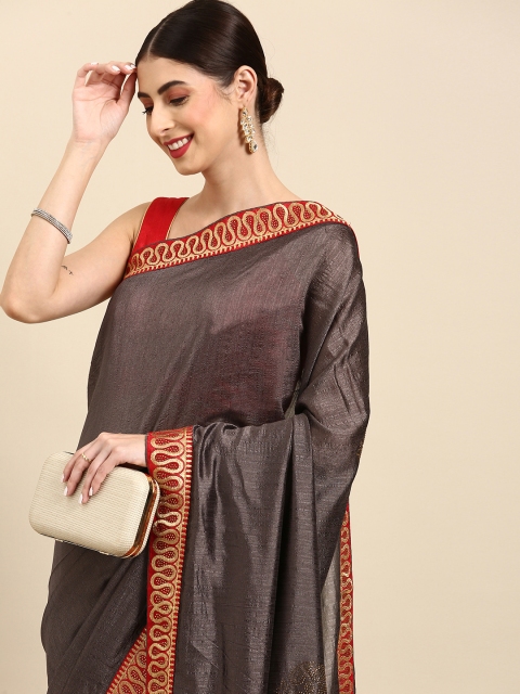 

Anouk Charcoal Grey & Red Embellished Saree