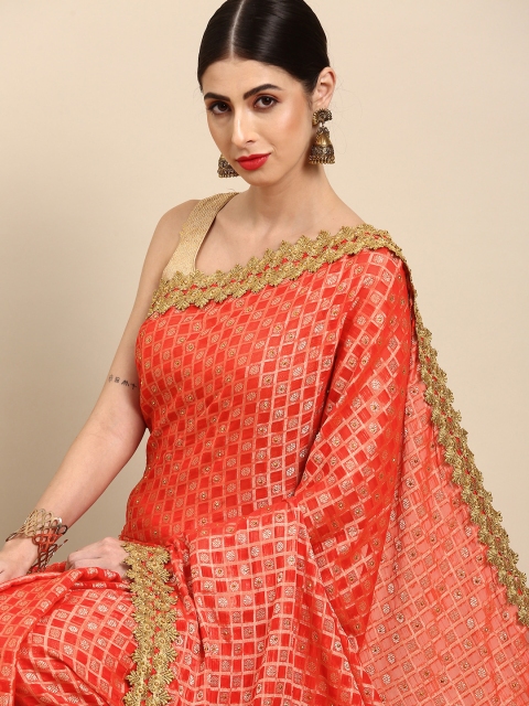 

Anouk Orange & Golden Self-Checked Stone-Studded Detail Saree