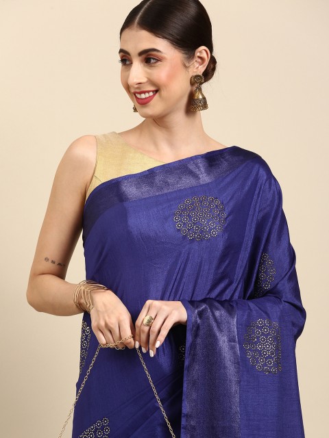 

Anouk Navy Blue & Silver Mukaish Embellished Taant Saree