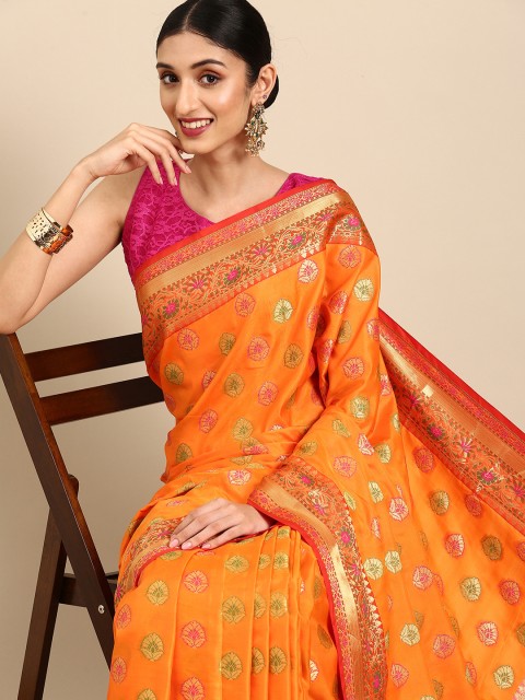 

Anouk Orange & Pink Woven Design Zari Banarasi Saree