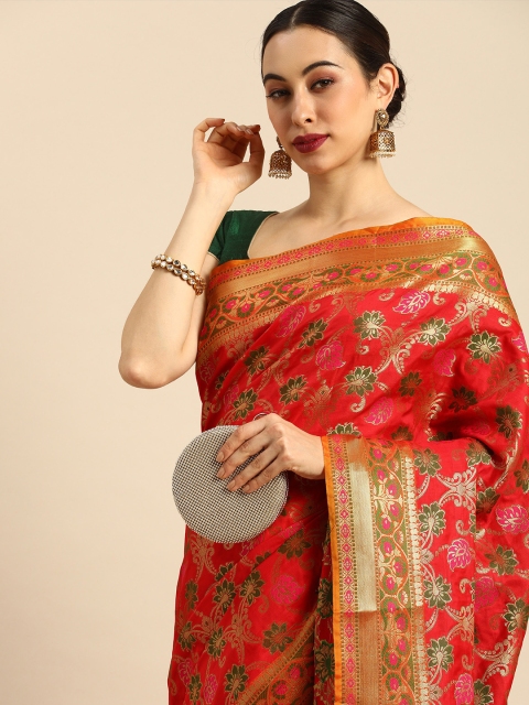 

Anouk Red & Green Woven Design Zari Ready to Wear Banarasi Saree