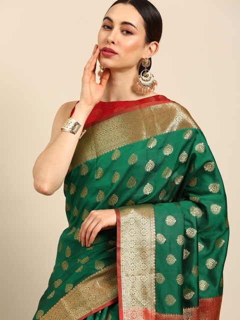 

Anouk Green & Maroon Woven Design Zari Ready to Wear Banarasi Saree
