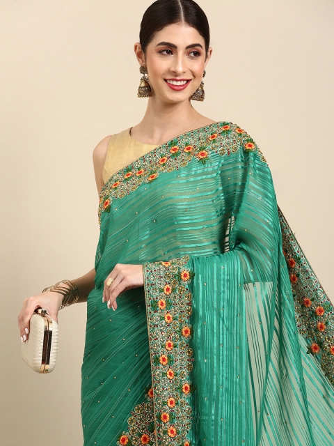 

Anouk Green & Yellow Striped Beads and Stones Saree