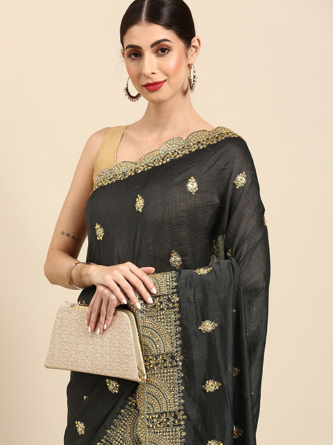 

Anouk Charcoal Grey & Golden Ethnic Motifs Beads and Stones Pure Silk Maheshwari Saree