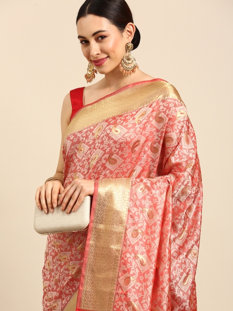 

Anouk Peach-Coloured & Red Woven Design Zari Banarasi Saree