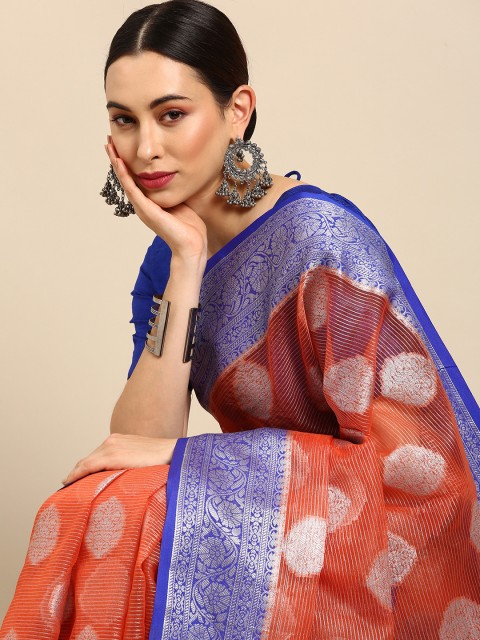 

Anouk Orange & Blue Woven Design Zari Tissue Ready to Wear Chanderi Saree