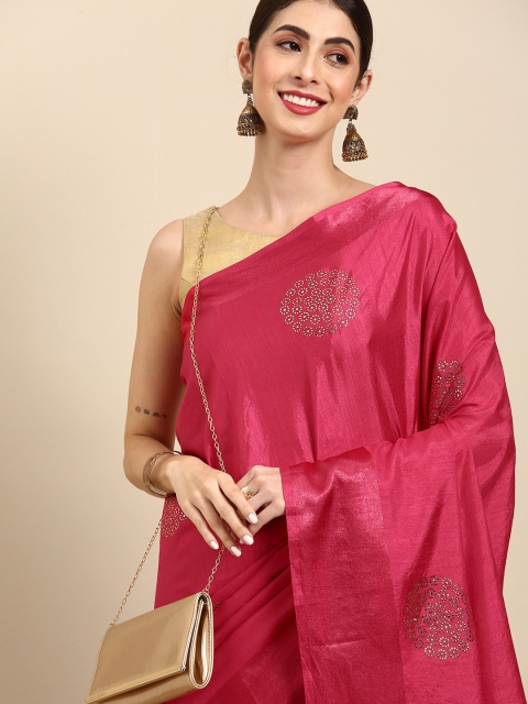 

Anouk Pink & Silver Mukaish Embellished Taant Saree