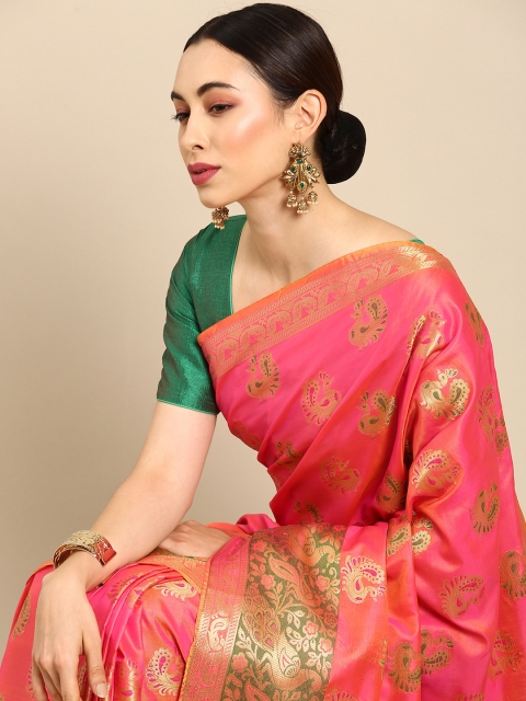 

Anouk Peach-Coloured & Green Woven Design Zari Banarasi Saree