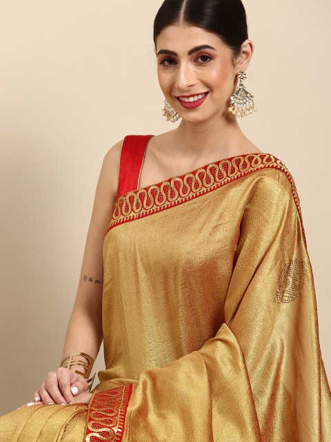

Anouk Beige & Golden Embellished Beads and Stones Silk Blend Maheshwari Saree