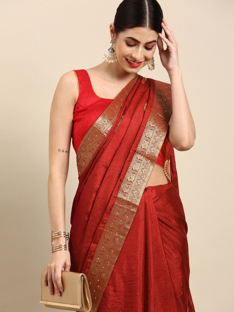 

Anouk Rust Orange & Golden Ethnic Motifs Zari Silk Blend Tussar Saree
