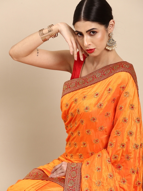 

Anouk Orange & Golden Ethnic Motifs Embroidered Pure Silk Saree