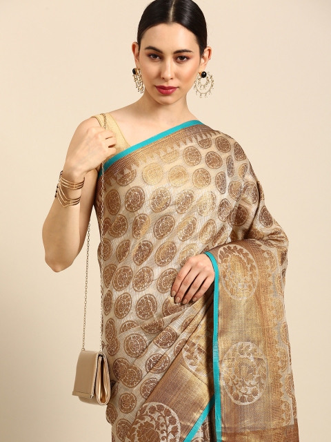 

Anouk Gold-Toned & Turquoise Blue Woven Design Zari Jute Silk Kasavu Saree
