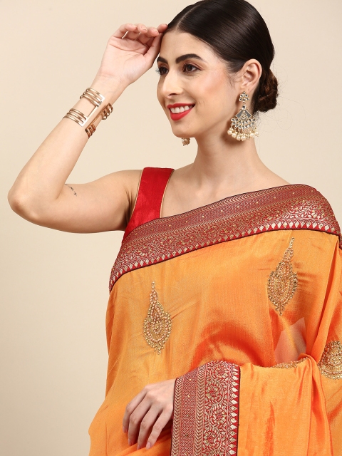 

Anouk Mustard Yellow & Golden Ethnic Motifs Beads and Stones Art Silk Tussar Saree