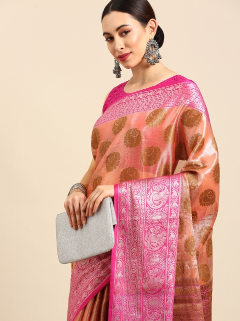 

Anouk Peach-Coloured & Fuchsia Woven Design Zari Tissue Chanderi Saree