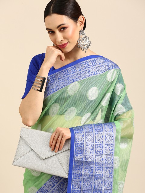 

Anouk Green & Blue Woven Design Zari Tissue Chanderi Saree