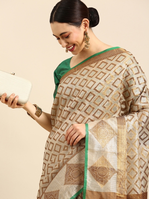 

Anouk Gold-Toned & Green Woven Design Zari Jute Silk Kasavu Saree