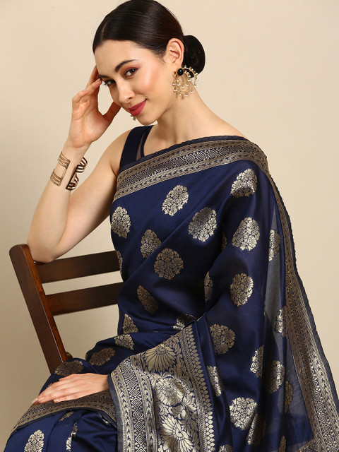 

Anouk Navy Blue Woven Design Zari Silk Blend Banarasi Saree