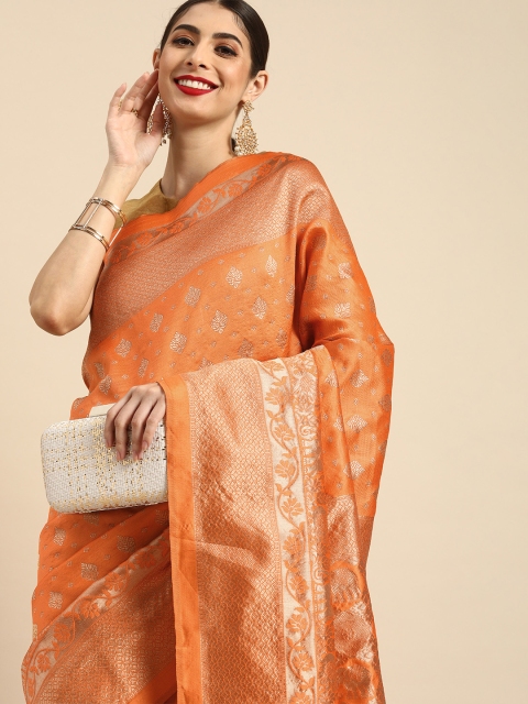 

Anouk Orange & Golden Ethnic Pattern Woven Design Banarasi Saree