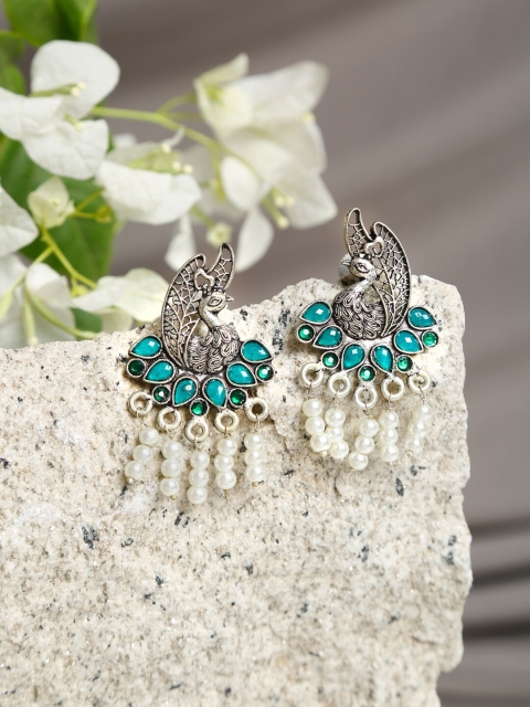 

NEUDIS Women Green Stone & White Pearl Silver-Plated Oxidised Contemporary Earrings
