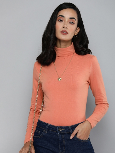 

Flying Machine Women Pink Turtle Neck T-shirt