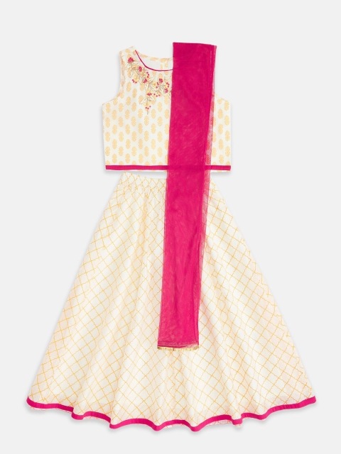 

AKKRITI BY PANTALOONS Girls Off White & Pink Printed Ready to Wear Lehenga & Blouse With Dupatta