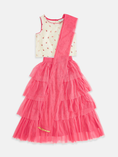 

AKKRITI BY PANTALOONS Girls Fuchsia Pink & White Lehenga Choli Set