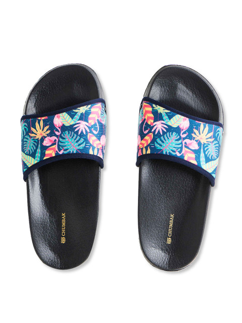 

Chumbak Women Navy Blue & Black Printed Rubber Sliders